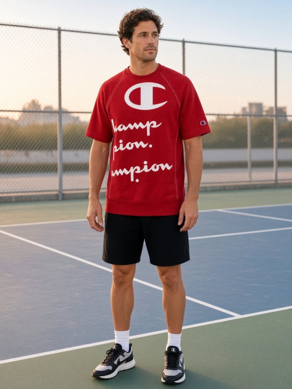 Champion Men Red Short-Sleeve Reverse Weave Crew Oversized C Script AOP US XS